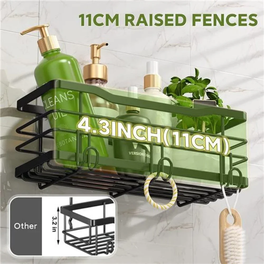 Shower Caddy Adhesive Shower Organizer with 5 Hooks, 2 Pack No Drilling -Black
